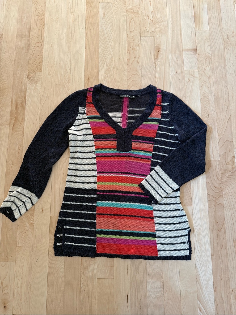 NIC+ZOE Navy V-Neck Sweater with Multicolor Stripe Panel
